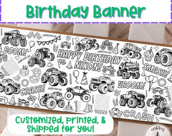 Monster Truck Giant Coloring Banner | Custom Coloring Page | Personalized Jam Party Games | Party Supplies