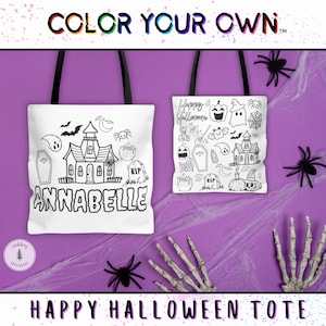 Sac fourre-tout en toile personnalisé d'Halloween, activité de coloriage, sac de bonbons personnalisé, couleur automne, sac de livres, cadeaux pour petits-enfants