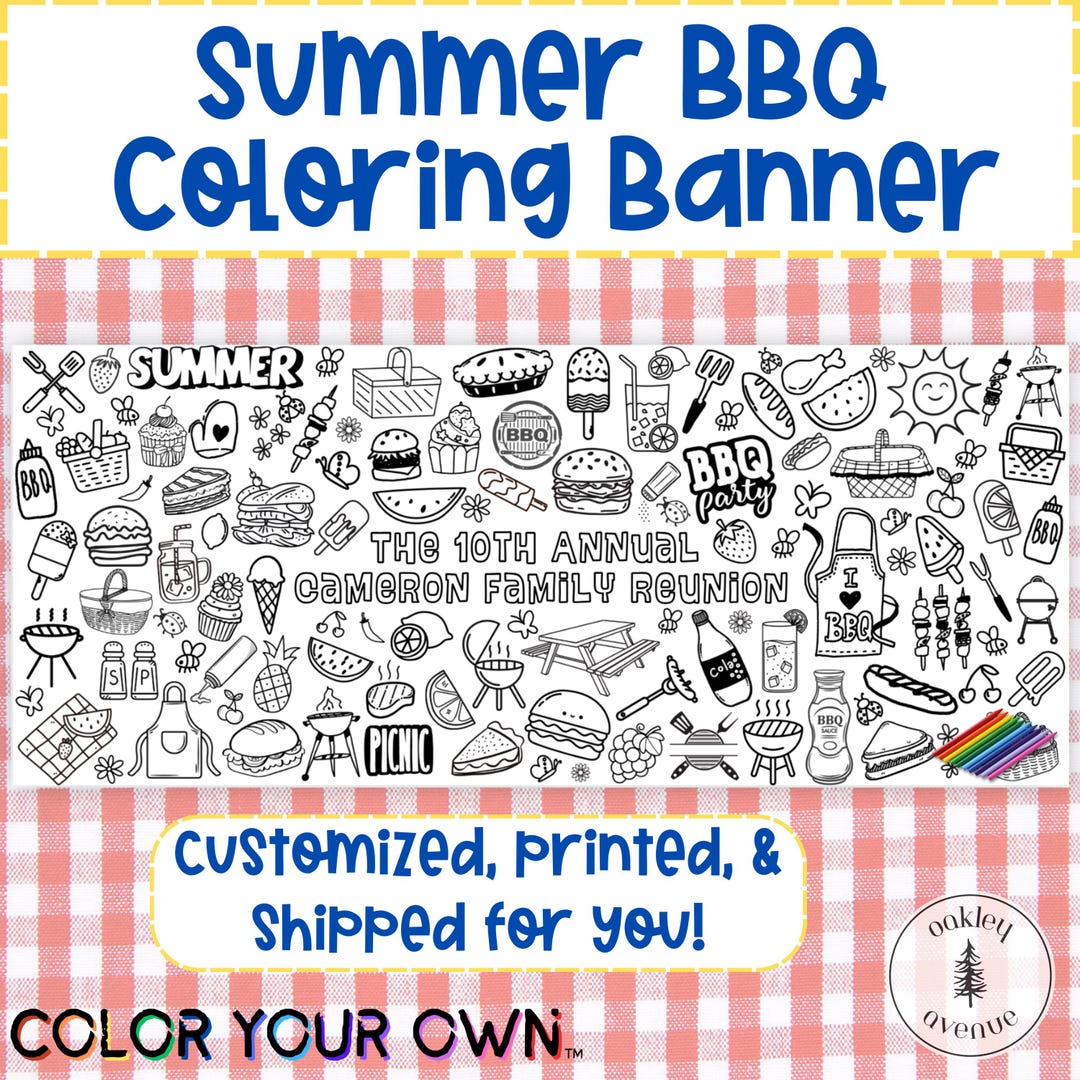 Personalized Summer BBQ Coloring Banner Custom Family Reunion Party ...
