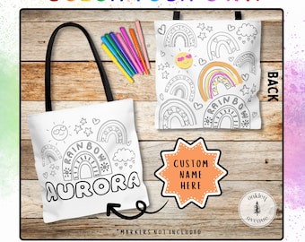 Bolsa de lona con actividades para colorear arcoíris estilo bohemio. Colorea tu propia bolsa de lona personalizada. Proyectos de arte para niños y adultos. Regalos personalizados para nietos.