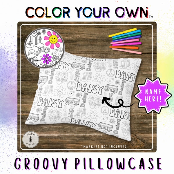 Groovy Color Your Own Custom Pillow Cover Personalized Retro Themed Coloring Activity For Kids 70's Color On Pillowcase Gifts For Grandkids