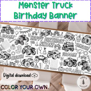 Op de afbeelding: Zwart-witte printbare monstertruck-verjaardagsbanners met de tekst "Happy Birthday Nixon!" en "Kleur je eigen" onderaan. De banner bevat monstertrucks, vlaggen en andere verjaardagsdecoraties.