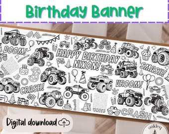 Monster Truck GIANT Personalized Birthday Coloring Poster Monster Truck Coloring Banner Digital Download Party Supplies Custom Banner