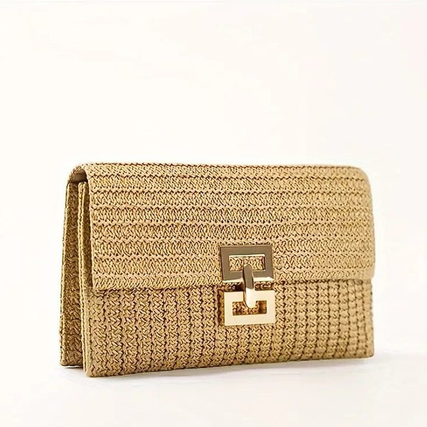 Diana Woven Raffia Summer Clutch - Evening/Event/Party/Day Clutch - Elegant - Rectangle - Gold