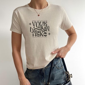 90s Baby Tee Mockup // Coquette Baby Tee Mockups, Baby Tee Mockup G 5000b Natural, Y2K Baby Tee Mockup, Baby Tee Mockup Gildan 5000b Natural