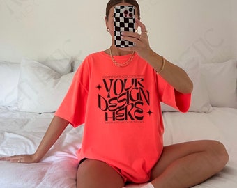 Neon Red Orange Comfort Colors 1717 Mockup, Neon Comfort Colors Mockup, C1717 Model Mockup, Selfie Mockup, Trendy Fall Boho Aesthetic Tshirt
