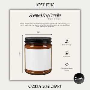 Tabela de tamanhos para velas perfumadas de âmbar - Tabela de tamanhos de velas Printify, Tabela de tamanhos de velas perfumadas de soja, Tabela de tamanhos de velas âmbar, Modelo Canva