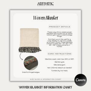 May include: A beige woven throw blanket with colorful fringed edges. The blanket is displayed on a white background with text that reads "Woven Blanket", "Product Details", "Care Instructions", "Size Guide & Information Chart", and "Woven Blanket Information Chart".