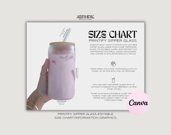 May include: A size chart for a clear glass sipper with a bamboo lid and a straw. The chart includes the dimensions of the glass and information about the material. The text "PRINTIFY SIPPER GLASS EDITABLE SIZE CHART/INFORMATION GRAPHICS" is at the bottom of the chart.