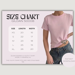 Gildan 5000b Size Chart // Baby Tee Gildan 5000b Size Chart, Crop Top Size Chart, 90s Baby Tee Size Guide, Gildan Youth Shirt Size Guide