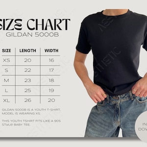 Gildan 5000b Size Chart // Baby Tee Gildan 5000b Size Chart, Crop Top Size Chart, 90s Baby Tee Size Guide, Gildan Youth Shirt Size Guide