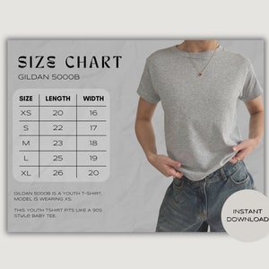 Gildan 5000b Size Chart // Baby Tee Gildan 5000b Size Chart, Crop Top Size Chart, 90s Baby Tee Size Guide, Gildan Youth Shirt Size Guide
