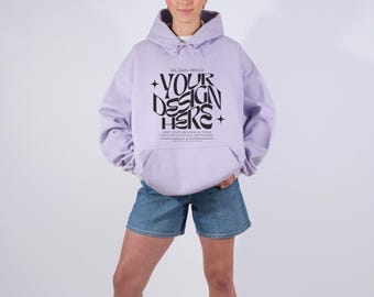 Gildan 18500 Orchid Hoodie Mockup, G185 Lila Hoodie Mockup, Real Model Mockup, Neutral Enkel Minimal Trendig Estetik