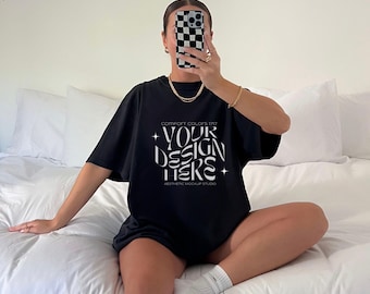 Comfort Colors 1717 Black T-Shirt Mockup: Selfie Mirror, Trendy Boho (JPEG)