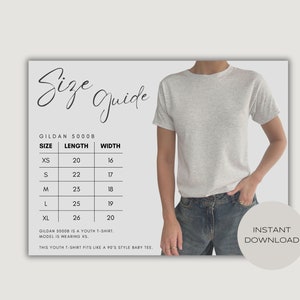 Gildan 5000b Size Chart // Baby Tee Gildan 5000b Size Chart, Crop Top Size Chart, 90s Baby Tee Size Guide, Gildan Youth Shirt Size Guide