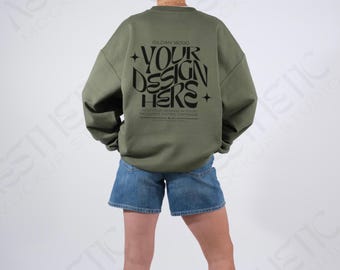 Military Green Gildan 18000 Sweatshirt Mockup: Back View, POD