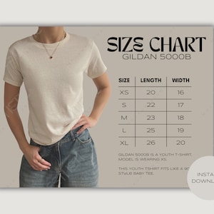 Gildan 5000b Size Chart // Baby Tee Gildan 5000b Size Chart, Crop Top Size Chart, 90s Baby Tee Size Guide, Gildan Youth Shirt Size Guide