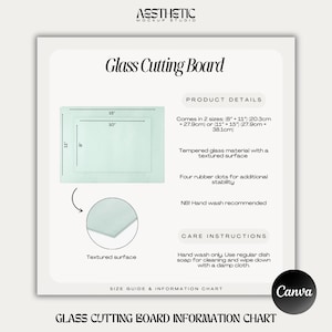 May include: A light green glass cutting board with a textured surface. It comes in two sizes: 8" x 11" (20.3cm x 27.9cm) or 11" x 15" (27.9cm x 38.1cm). The board has four rubber dots for stability and is hand wash only.