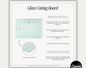 May include: A light green glass cutting board with a textured surface. It comes in two sizes: 8" x 11" (20.3cm x 27.9cm) or 11" x 15" (27.9cm x 38.1cm). The board has four rubber dots for stability and is hand wash only.