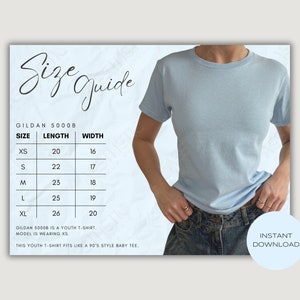 Gildan 5000b Size Chart // Baby Tee Gildan 5000b Size Chart, Crop Top Size Chart, 90s Baby Tee Size Guide, Gildan Youth Shirt Size Guide