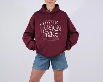 Gildan 18500 Maroon Hoodie Mockup, G185 Maroon Hooded Sweatshirt Mockup, Real Model Mockup, Neutral Simple Minimal Trendy Aesthetic