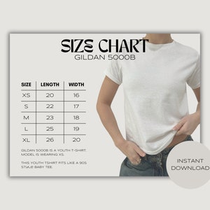 Gildan 5000b Size Chart // Baby Tee Gildan 5000b Size Chart, Crop Top Size Chart, 90s Baby Tee Size Guide, Gildan Youth Shirt Size Guide