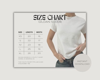 May include: Size chart for Gildan 5000B youth t-shirts. The chart shows the length and width in inches for sizes XS, S, M, L, and XL. The model is wearing a size XS.
