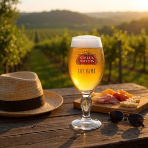 May include: A pint glass of golden beer with a white head, displaying the text "STELLA ARTOIS" and "ANY NAME". A straw hat, sunglasses, and a wooden board with food are on a wooden table, with a vineyard in the background.