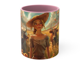 Girl in field with Bulls, Accent Coffee Mug, 11oz