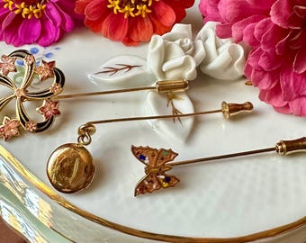 Set of 3 Art Nouveau Vintage Stick Pins - Hibiscus Cloisonne, Terazzo Butterfly, Golden Locket