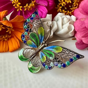 1940&#39;s Enchanted Forest Filigree Butterfly Plique-a-Jour Continental 800 Silver Brooch