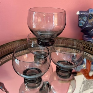4 MCM Libbey Vintage Stackable Smokey Glass Old Fashioned Roly Poly Barware Glasses