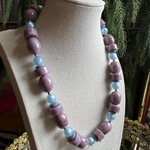 1980&#39;s Monet Lavender Haze Swirled Lucite and Blue Moonglow Geometric Necklace