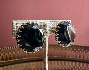 1970's Black Golden Glam Faceted Glass Cocktail Clip Earrings