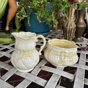 Vintage Belleek Fine China Ribbon Yellow Lustre Cream and Sugar Bowl Set