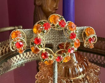 1960’s Cherry, Lime and Clementine! Rhinestone Brooch and Clip Earrings Jewelry Set