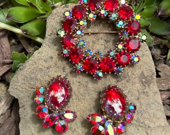 1950s Cherry Syrup Signed Sherman Red Aurora Borealis Earrings and Crystal Brooch Curated Set