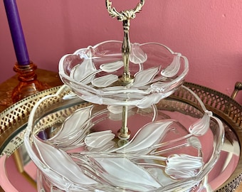1980's Walther Glas West Germany "Nadine" Frosted Tulip 2-Tier Crystal Serving Tray