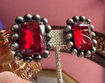 1970’s Crimson Chic Brutalist Red Glass Rhinestone Pewter Clip Earrings