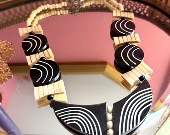 1970's Hypnotic Lines Ox Horn and Bone Inlay Tribal Statement Necklace