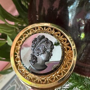 Vintage Hematite Mourning Cameo Victorian Revival Brooch Gold Filigree