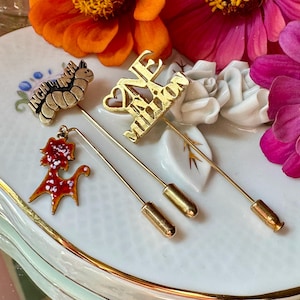 Set of 3 Vintage Whimsical Stick Pins - Inchworm, Terazzo Puppy, One in a Million