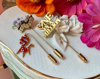 Set of 3 Vintage Whimsical Stick Pins - Inchworm, Terazzo Puppy, One in a Million