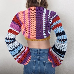 This is a picture of the finished product. This shrug / bolero crochet pattern is for beginners and can be made in a weekend.