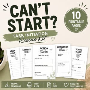 Könnte beinhalten: Ein Aufgaben-Initiierungs-Set mit 10 druckbaren Seiten im A4-Format. Das Set enthält fünf weiße Blätter mit schwarzem Text und Strichzeichnungen, betitelt als Brain Dump, 5-Minute Reset, Action Starter, Motivation Menu und Focus Block zur Planung.