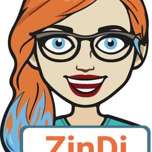 Op de afbeelding: Een cartoonillustratie van een persoon met lang oranje haar met blauwe highlights, die een bril met een zwart montuur draagt. De persoon heeft blauwe ogen en donkerrode lippenstift. Onder de kin bevindt zich een wit label met de tekst ZinDi.
