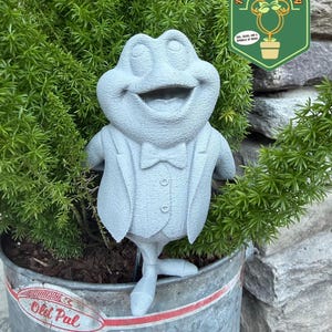 May include: A gray frog statue wearing a tuxedo and bow tie, standing in a metal bucket planter filled with greenery. The planter has the words "Old Pal" on it. A "Pixie Dust Gardening" logo is visible.