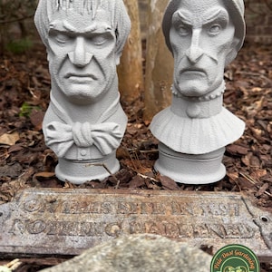 Disney Haunted Mansion Bust Garden Statues: Aunt Lucretia & Uncle Lucius with Stakes, heads, flower decor, gift