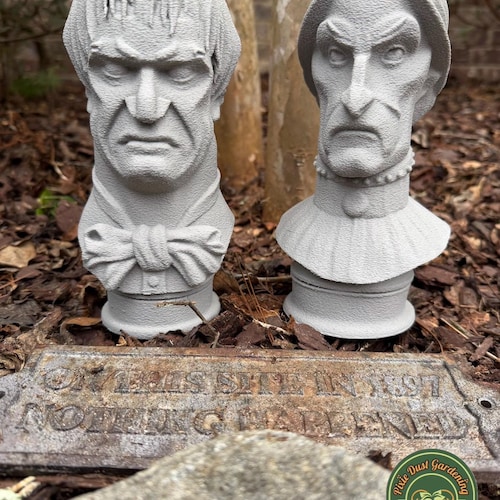 Disney Haunted Mansion Bust Garden Statues: Aunt Lucretia Uncle Lucius with stakes