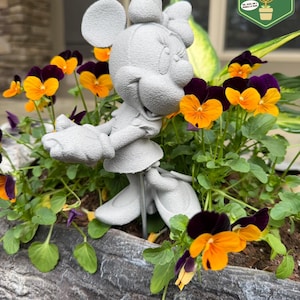 May include: A gray Minnie Mouse garden statue stands amidst vibrant orange and purple pansies in a stone planter. The statue is a whimsical addition to a garden, surrounded by lush green foliage and colorful blooms.